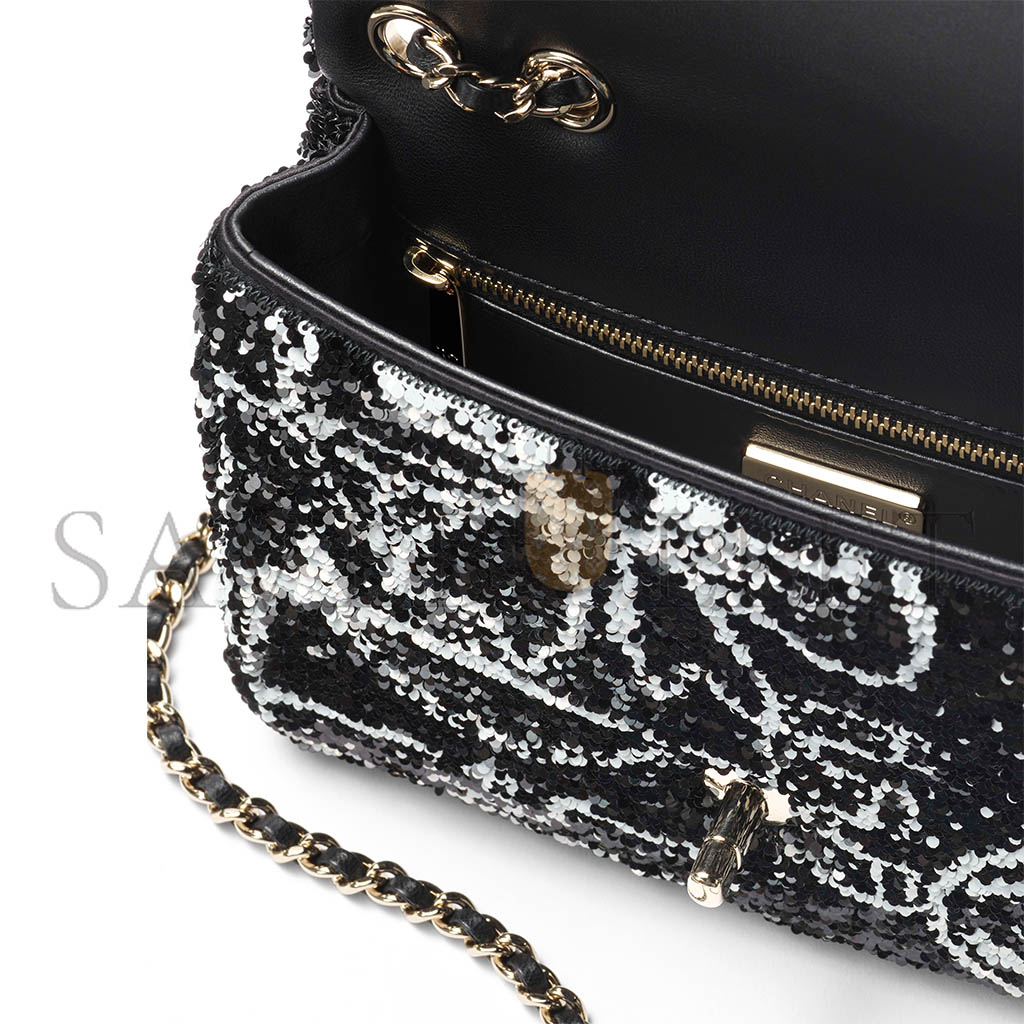 CHANEL MASTER FLAP BAG SEQUINS & GOLD-TONE METAL BLACK & WHITE AS4561 (21*14*8cm)